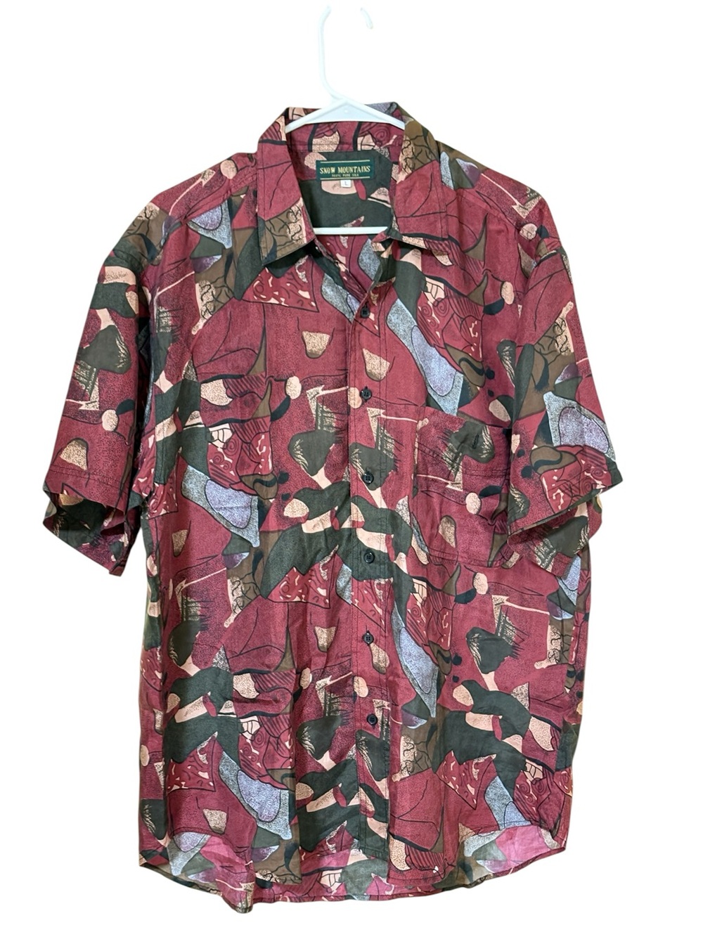 Snow Mountains Vintage Silk Abstract Shirt Mens L Burgundy Short Sleeve Y2K